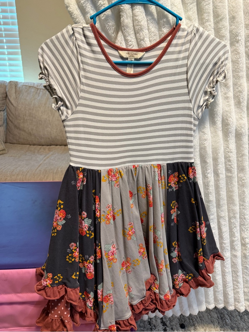 Matilda Jane Gray Striped & Floral Ruffle Dress with Rust Trim